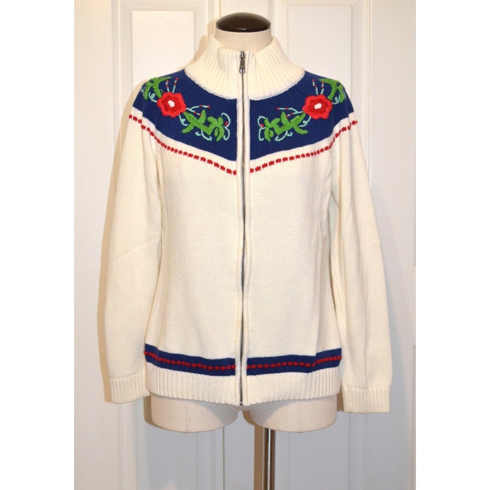 Talbots Womens M Full Zip Cardigan Sweater White Blue Crewel Embroidery Flowers